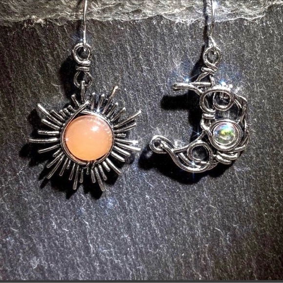Bohemian Astrology Sun Moon Silver Wire Wrapped Celestial Stone Mismatch Dangles - Picture 11 of 16